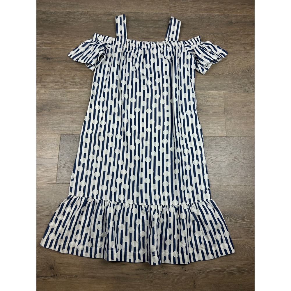 Isaac Mizrahi Live Navy Blue White Striped Polka Dot Cold Shoulder Dress Size 0
